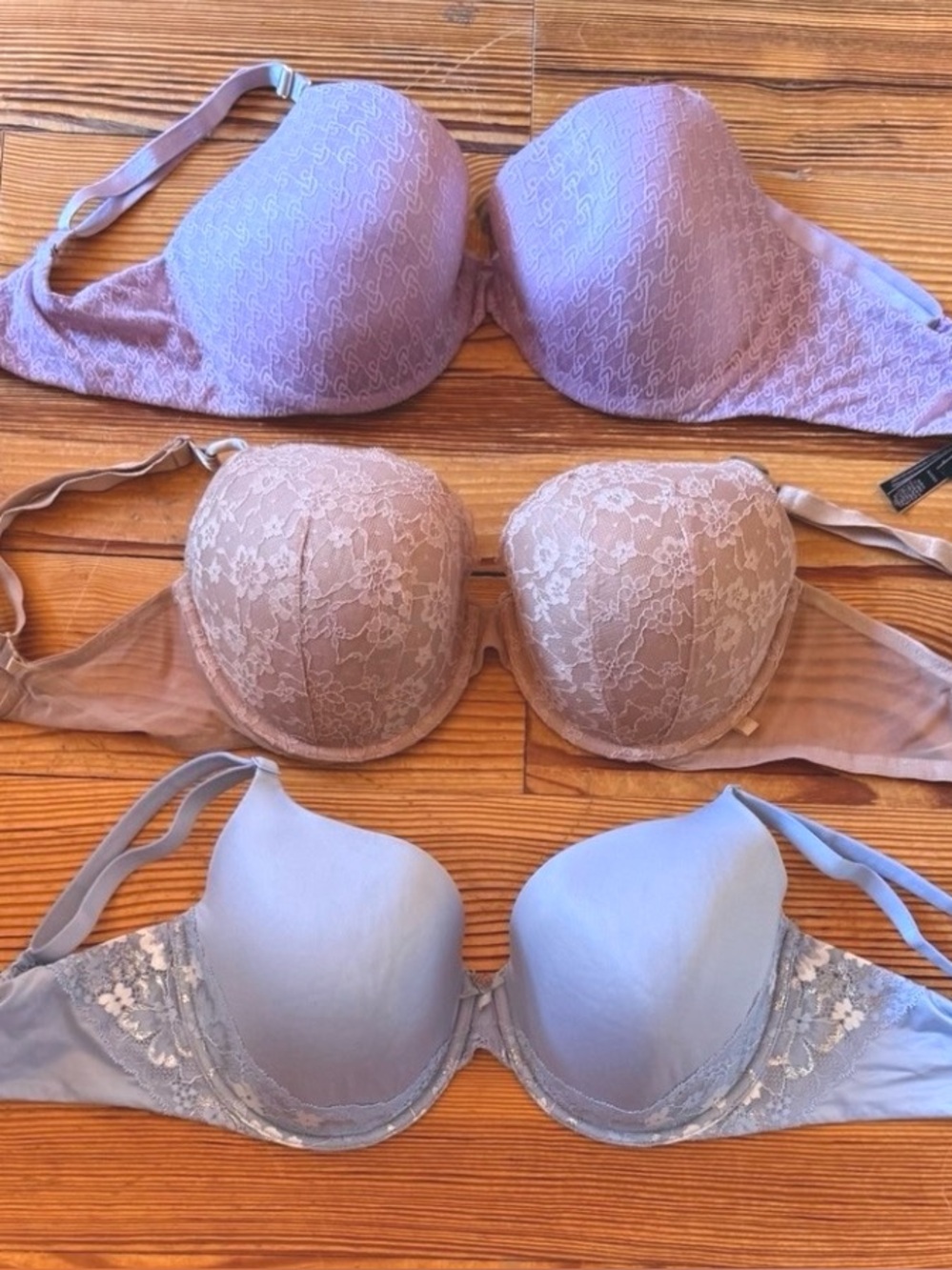 Victoria's Secret Three-Pack T-Shirt Bras in Lavender, Nude, and Light Blue
